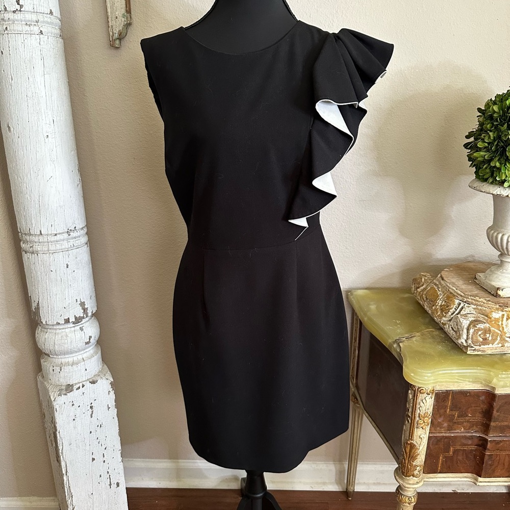 Calvin Klein Black and White Asymmetrical Ruffled Sheath Dress